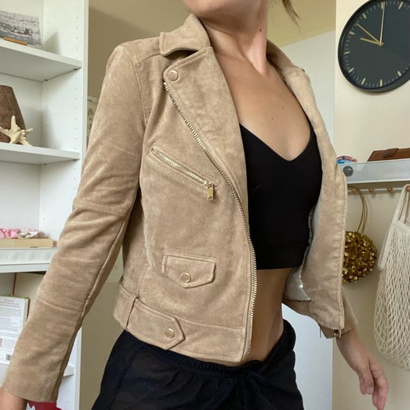 Biker Aesthetic Cropped Beige Suede Moto Jacket - Women’s size 4 by H&M - Picture 4 of 5